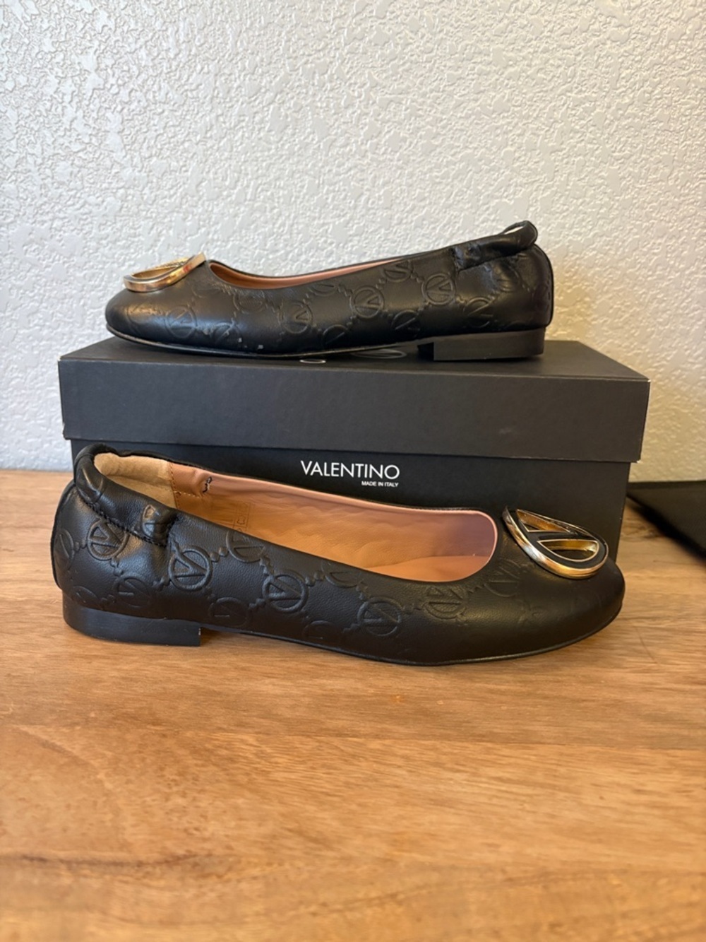Valentino Black Embossed Leather Ballet Flats with Gold Toe Accent